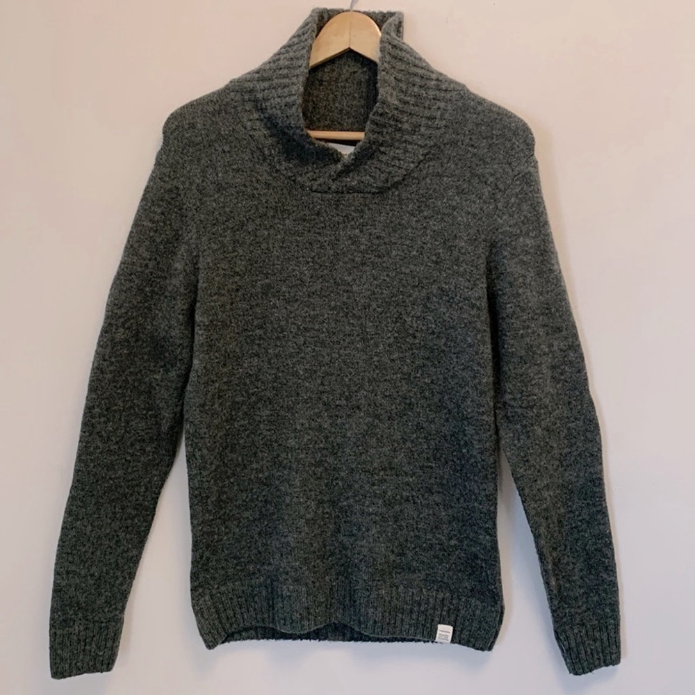 Frank AND OAK wool blend sweater shawl collar long sleeves fuzzy grey sz medium